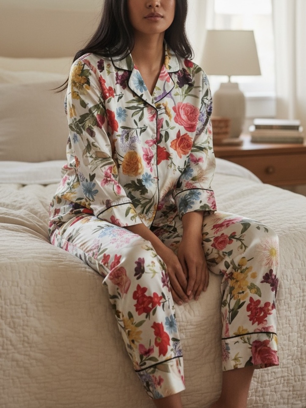 Floral Satin Pajama Set in cream with Multicolor Blooms
